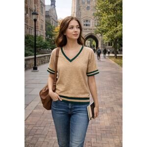 Beige Green Trim Sweater S V-Neck Knit Retro Revival 70s Academia elevated basic